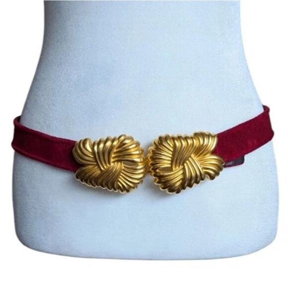 Vtg Carlisle Red Suede leather belt gold tone buckle Women M 80s 90s Art Deco main image 8